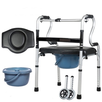 雅德 铝合金助行器 四脚拐杖坐便椅 坐浴软垫+便桶+两轮 YC8307